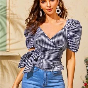NWT Gingham Puff Sleeve Wrap Top